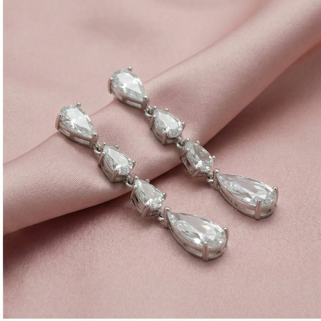 925 Sterling Silver Long Linear Pear Dangle Earrings High Polish Rhodium Jewellery