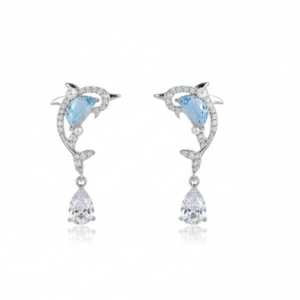 925 Sterling Silver Dolphin Dangle Earrings with Blue Stone and Pearl Accents Jewellery