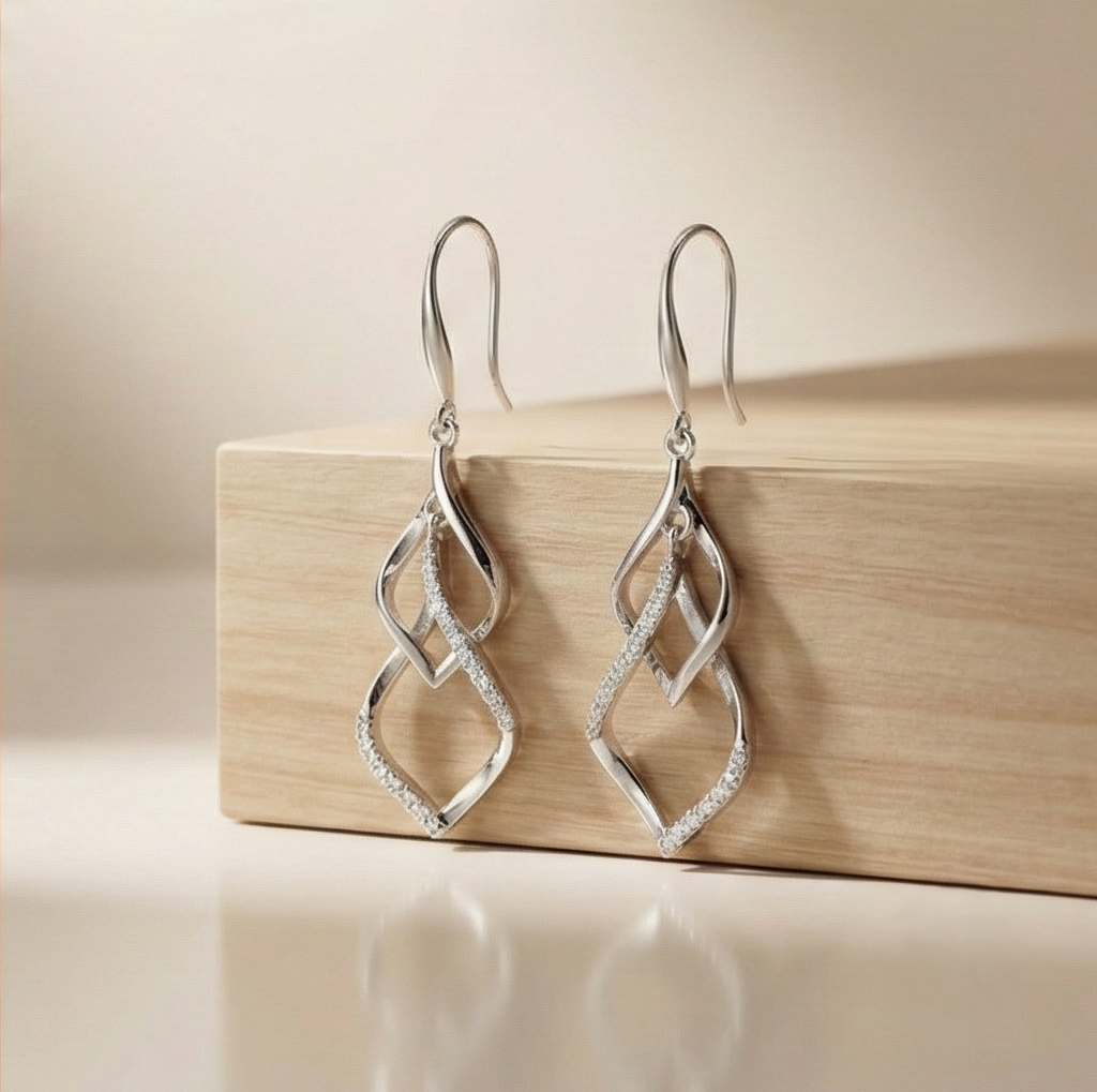925 Sterling Silver Geometric Twist Openwork Dangler Earrings High Polish Rhodium Jewellery