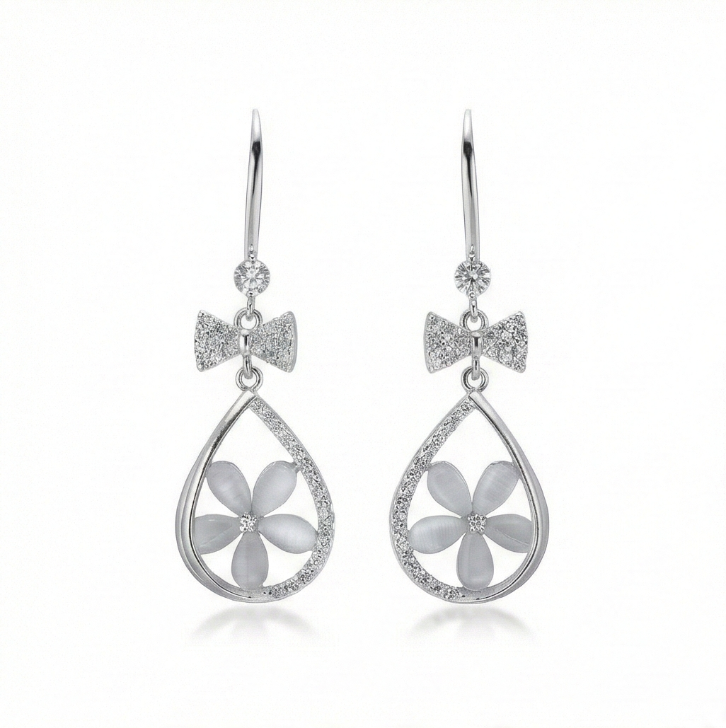925 Sterling Silver Floral Teardrop Earrings with Bow Detail High Polish Rhodium Jewellery