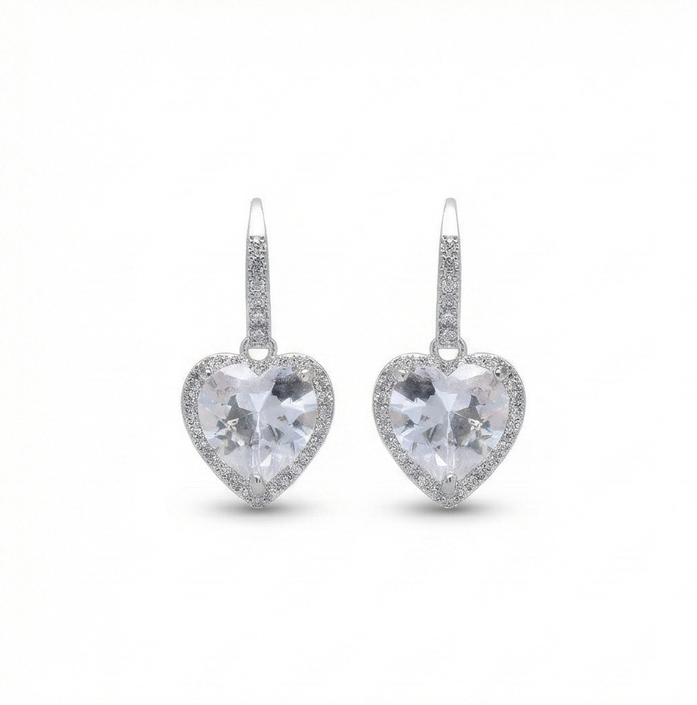 925 Sterling Silver Heart Halo Drop Earrings High Polish Rhodium Jewellery