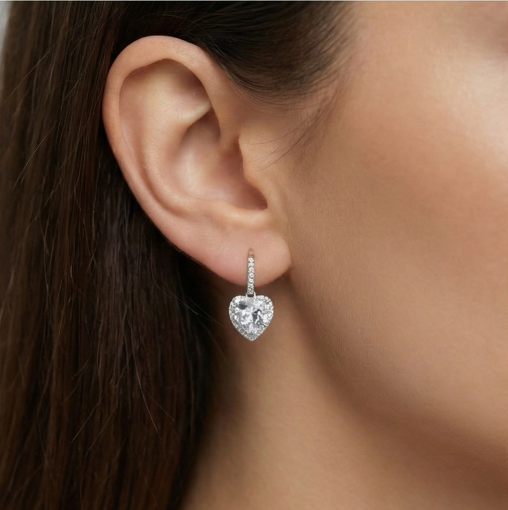 925 Sterling Silver Heart Halo Drop Earrings High Polish Rhodium Jewellery