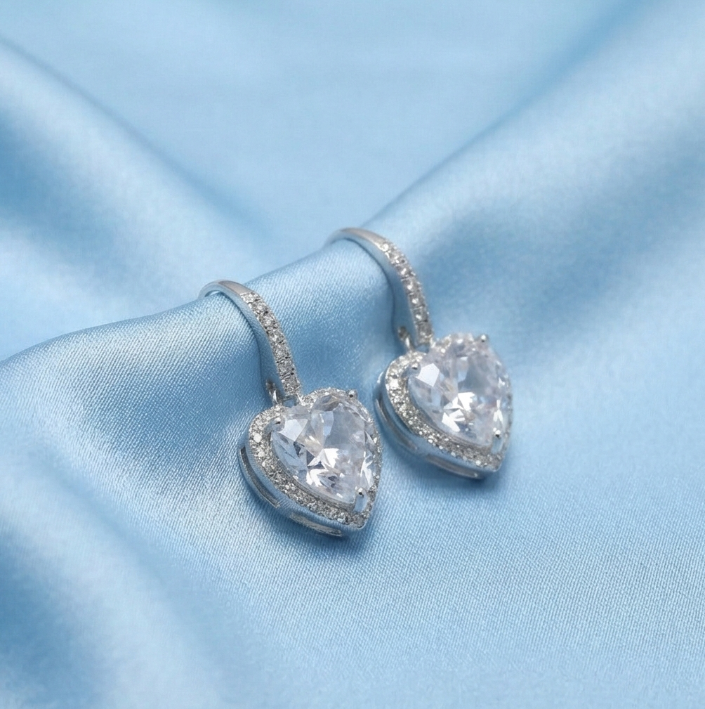 925 Sterling Silver Heart Halo Drop Earrings High Polish Rhodium Jewellery