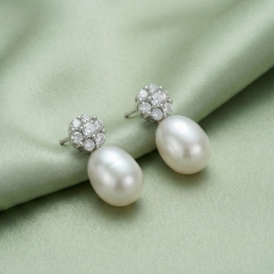 925 Sterling Silver Floral Stud Pearl Drop Earrings Rhodium Plated Jewellery
