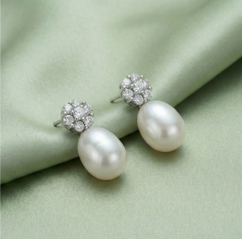 925 Sterling Silver Floral Stud Pearl Drop Earrings Rhodium Plated Jewellery