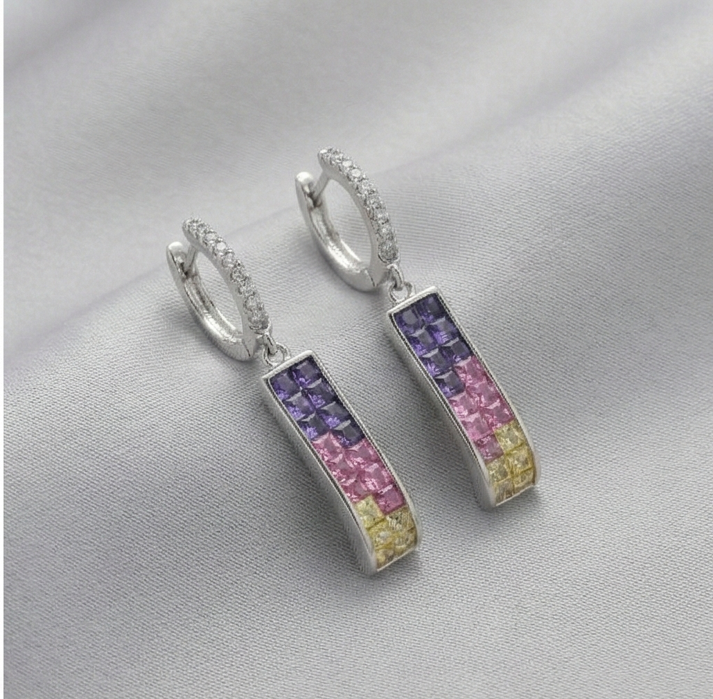 925 Sterling Silver Multicolor Gradient Rectangular Bar Dangle Earrings Jewellery for Women