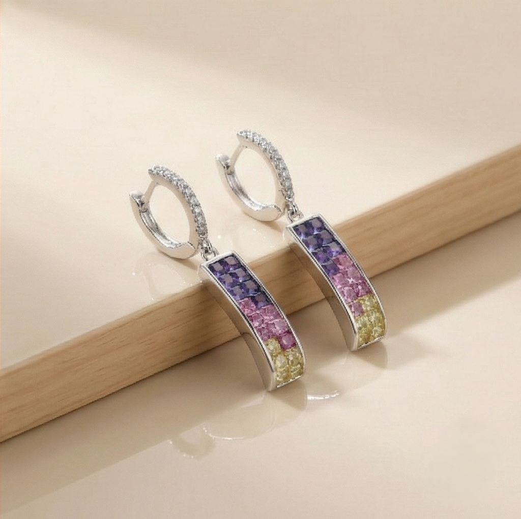 925 Sterling Silver Multicolor Gradient Rectangular Bar Dangle Earrings Jewellery for Women