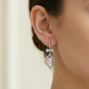 925 Sterling Silver Bow and Geometric Floating Stone Drop Earrings Jewellery