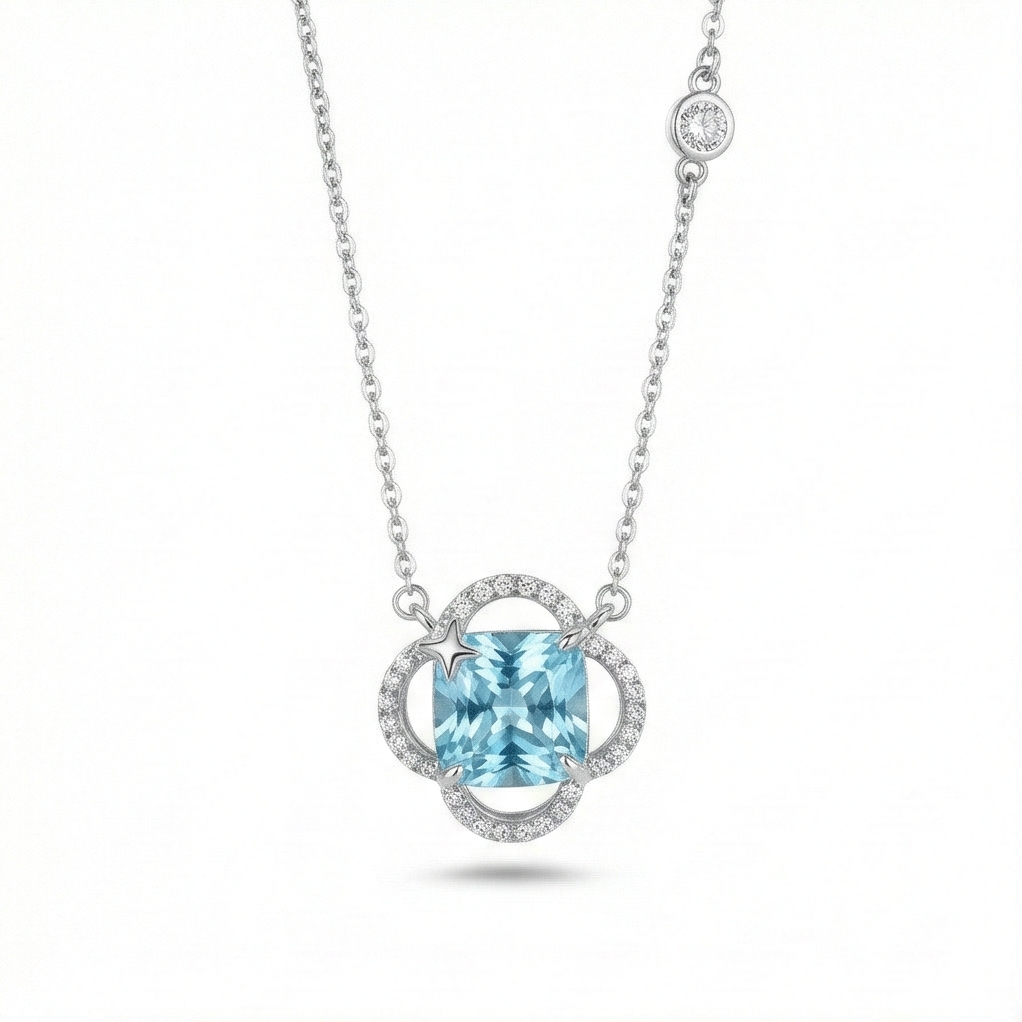925 Sterling Silver Blue Cushion Stone Openwork Pendant Necklace Jewellery