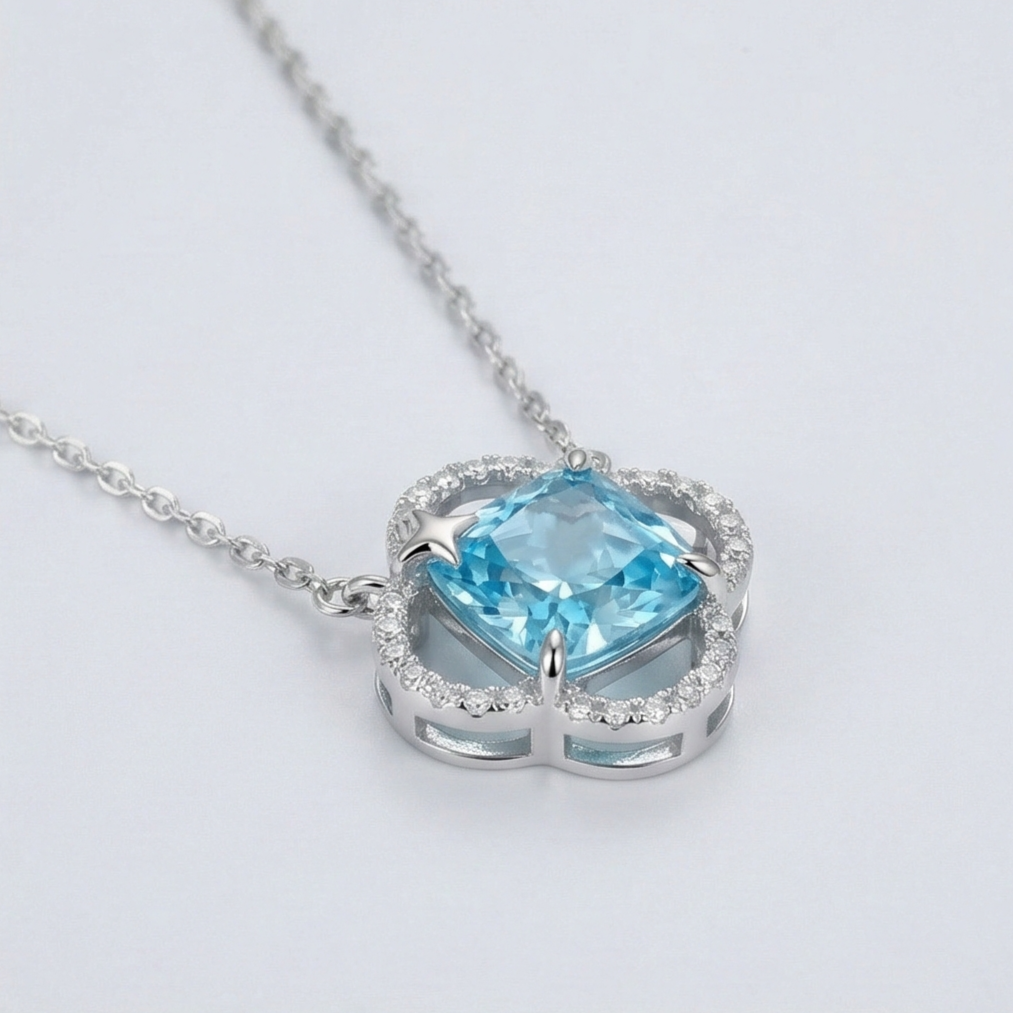 925 Sterling Silver Blue Cushion Stone Openwork Pendant Necklace Jewellery