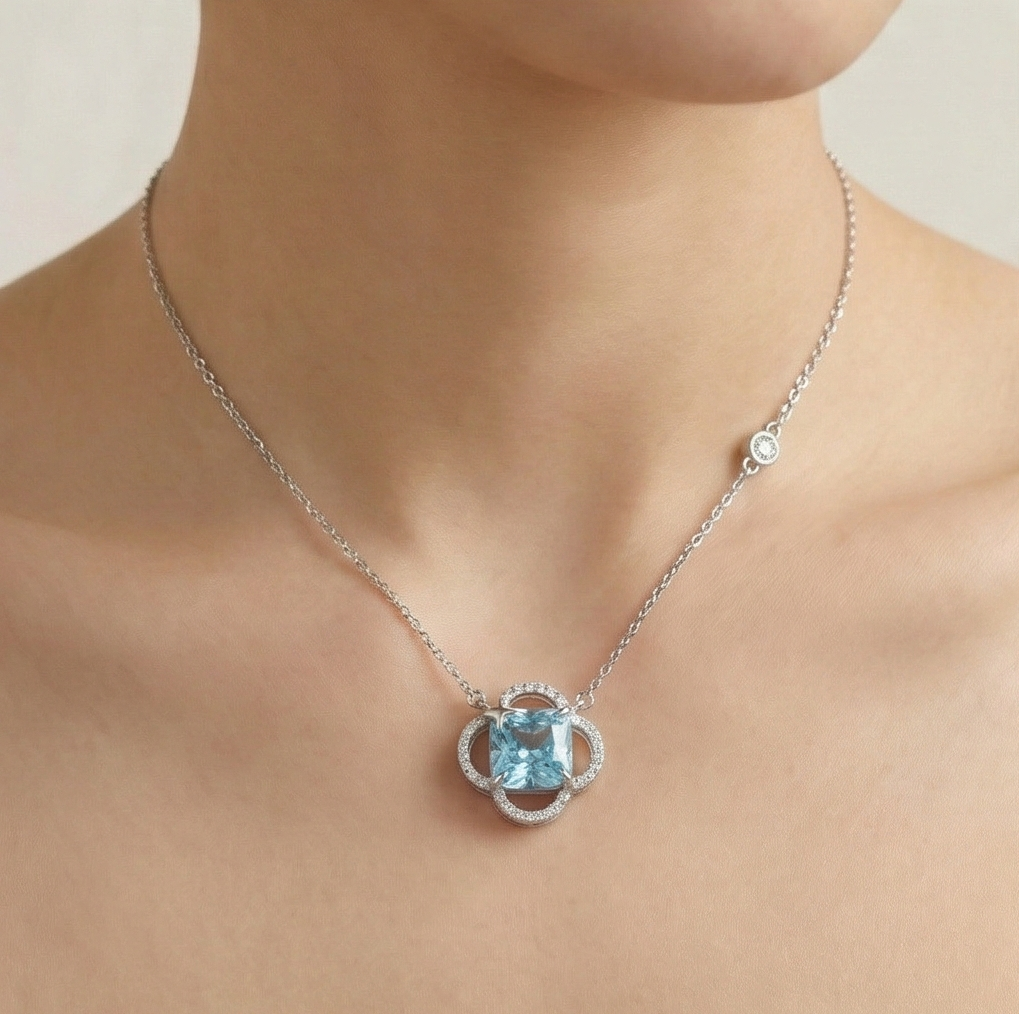 925 Sterling Silver Blue Cushion Stone Openwork Pendant Necklace Jewellery