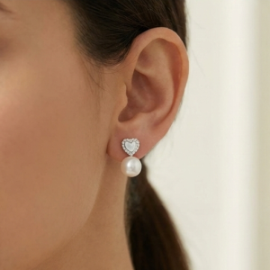 925 Sterling Silver Heart Stud with Pearl Drop Earrings Jewellery High Polish Rhodium Finish