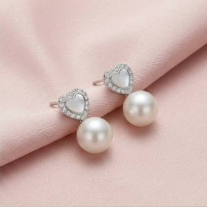 925 Sterling Silver Heart Stud with Pearl Drop Earrings Jewellery High Polish Rhodium Finish