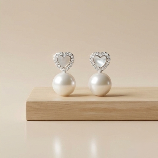 925 Sterling Silver Heart Stud with Pearl Drop Earrings Jewellery High Polish Rhodium Finish