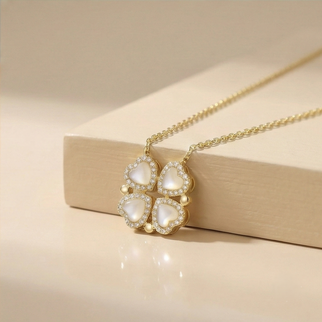 925 Sterling Silver Gold Plated Pearlescent Clover Pendant Necklace Jewellery for Women