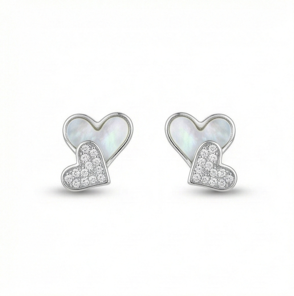 925 Sterling Silver Double Heart Stud Earrings with Inlay and Pave Accents Jewellery