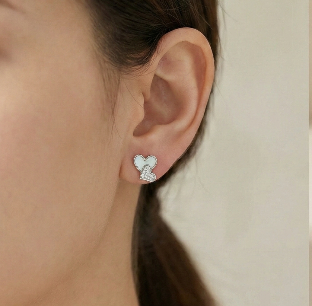 925 Sterling Silver Double Heart Stud Earrings with Inlay and Pave Accents Jewellery