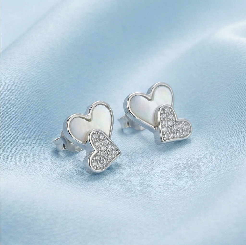 925 Sterling Silver Double Heart Stud Earrings with Inlay and Pave Accents Jewellery