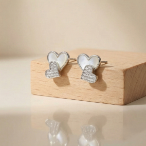 925 Sterling Silver Double Heart Stud Earrings with Inlay and Pave Accents Jewellery