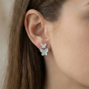 925 Sterling Silver Double Butterfly Earrings Mother of Pearl Inlay Rhodium Finish Jewellery