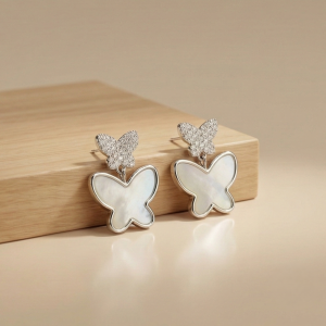 925 Sterling Silver Double Butterfly Earrings Mother of Pearl Inlay Rhodium Finish Jewellery