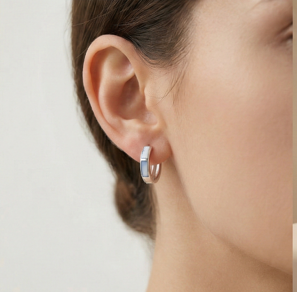 925 Sterling Silver Light Blue Rectangular Inlay Huggie Hoop Earrings for Women Rhodium Plated Jewellery