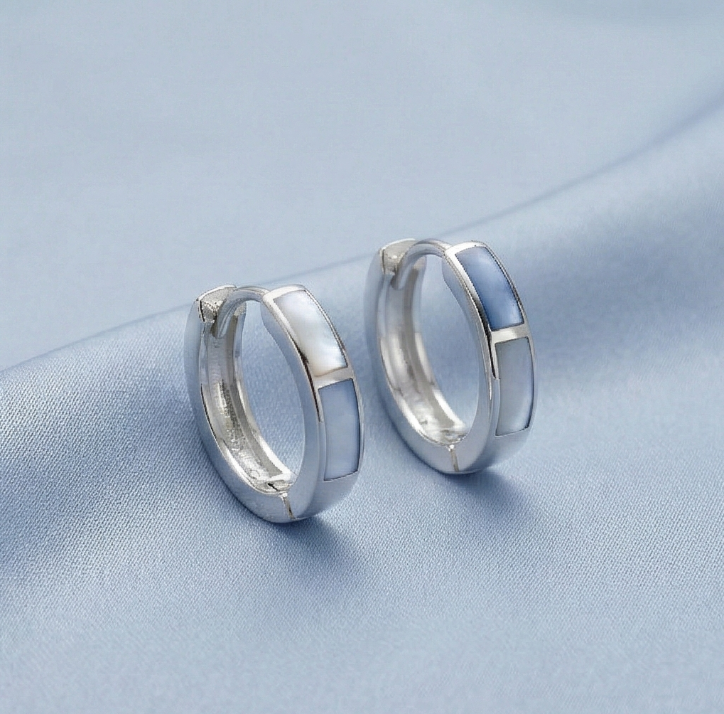 925 Sterling Silver Light Blue Rectangular Inlay Huggie Hoop Earrings for Women Rhodium Plated Jewellery