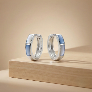 925 Sterling Silver Light Blue Rectangular Inlay Huggie Hoop Earrings for Women Rhodium Plated Jewellery