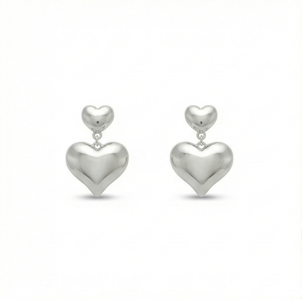 925 Sterling Silver Double Puffed Heart Drop Earrings Jewellery High Polish