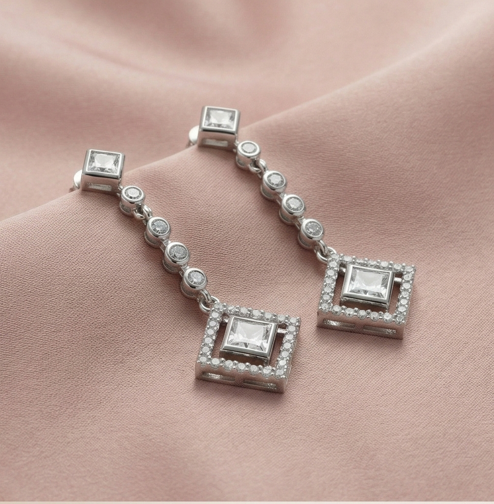 925 Sterling Silver Geometric Linear Drop Earrings with Art Deco Square Halo Design Jewellery