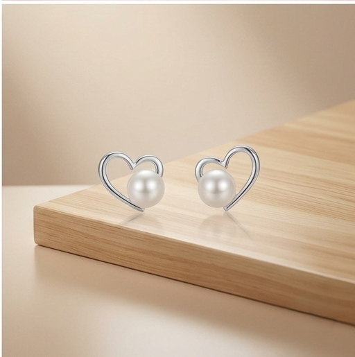 925 Sterling Silver Open Heart Pearl Stud Earrings Jewellery High Polish Rhodium Finish