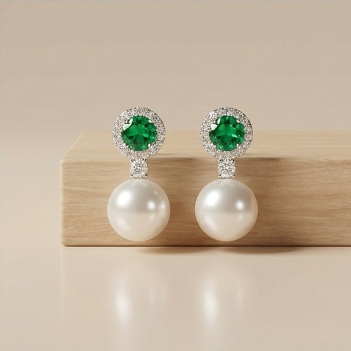 925 Sterling Silver Green Stone Halo Pearl Drop Earrings Jewellery for Women High Rhodium Polish