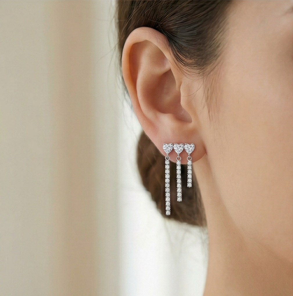 925 Sterling Silver Triple Heart Waterfall Drop Earrings High Polish Rhodium Jewellery