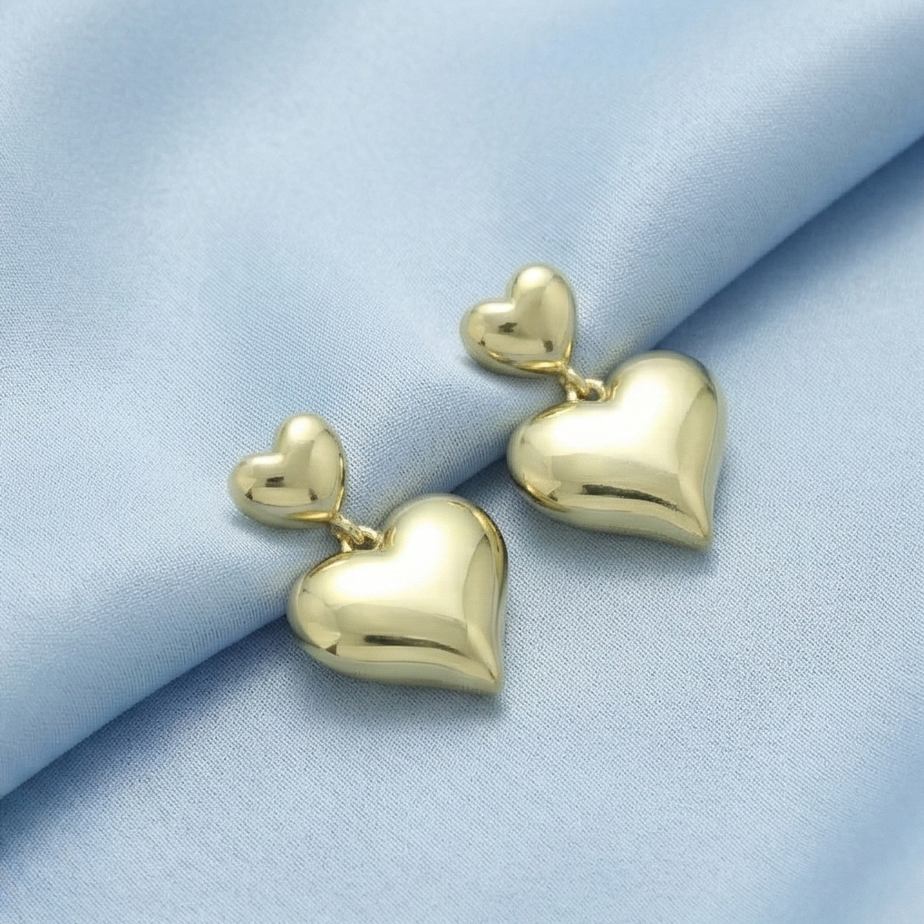 925 Sterling Silver Gold Plated Double Puffed Heart Drop Earrings Jewellery