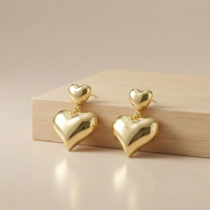 925 Sterling Silver Gold Plated Double Puffed Heart Drop Earrings Jewellery