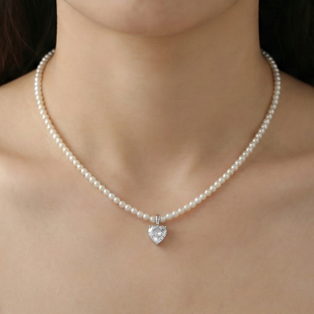 925 Sterling Silver Pearl Strand Necklace with Crystal Heart Charm Jewellery for Women