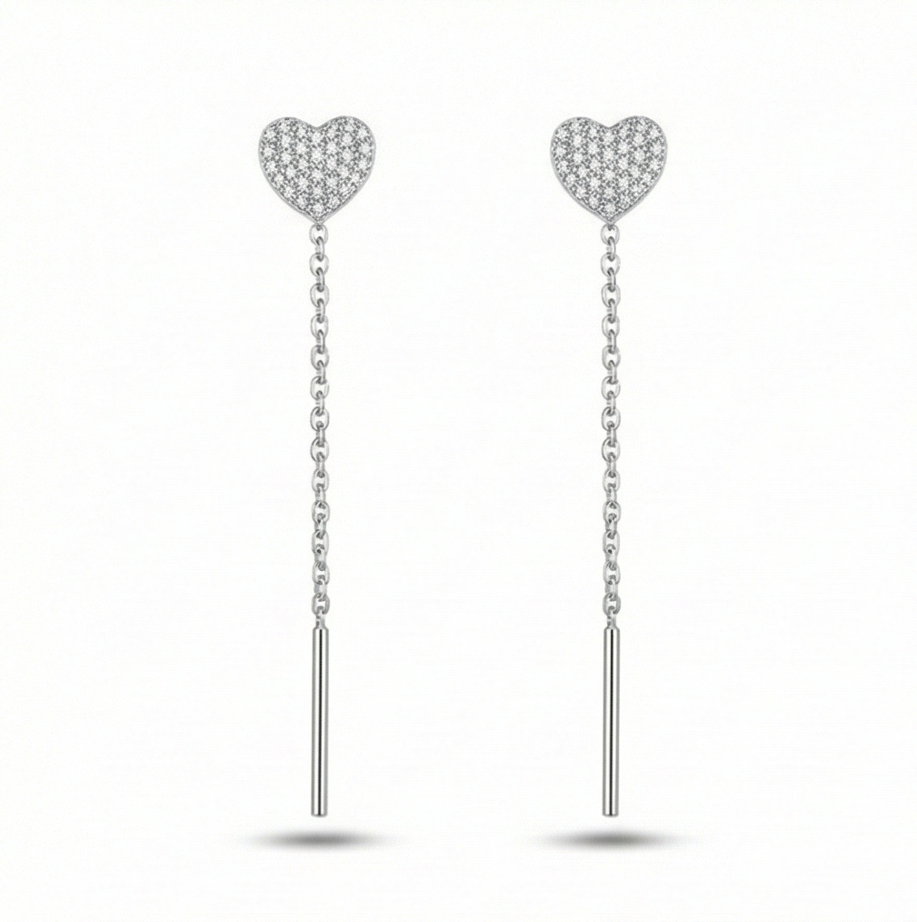 925 Sterling Silver Pave Heart Long Chain Drop Earrings High Polish Rhodium Finish Jewellery
