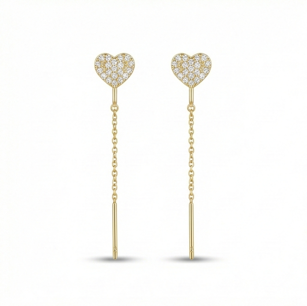 925 Sterling Silver Pave Heart Long Chain Drop Earrings Yellow Gold Plated Jewellery for Women