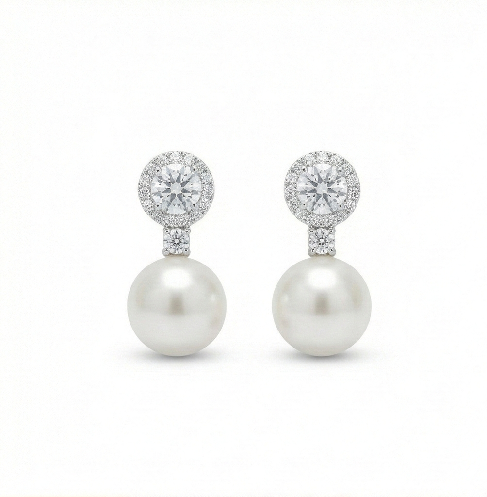 925 Sterling Silver Classic Pearl Drop Earrings with Halo Stud High Polish Rhodium Finish Jewellery
