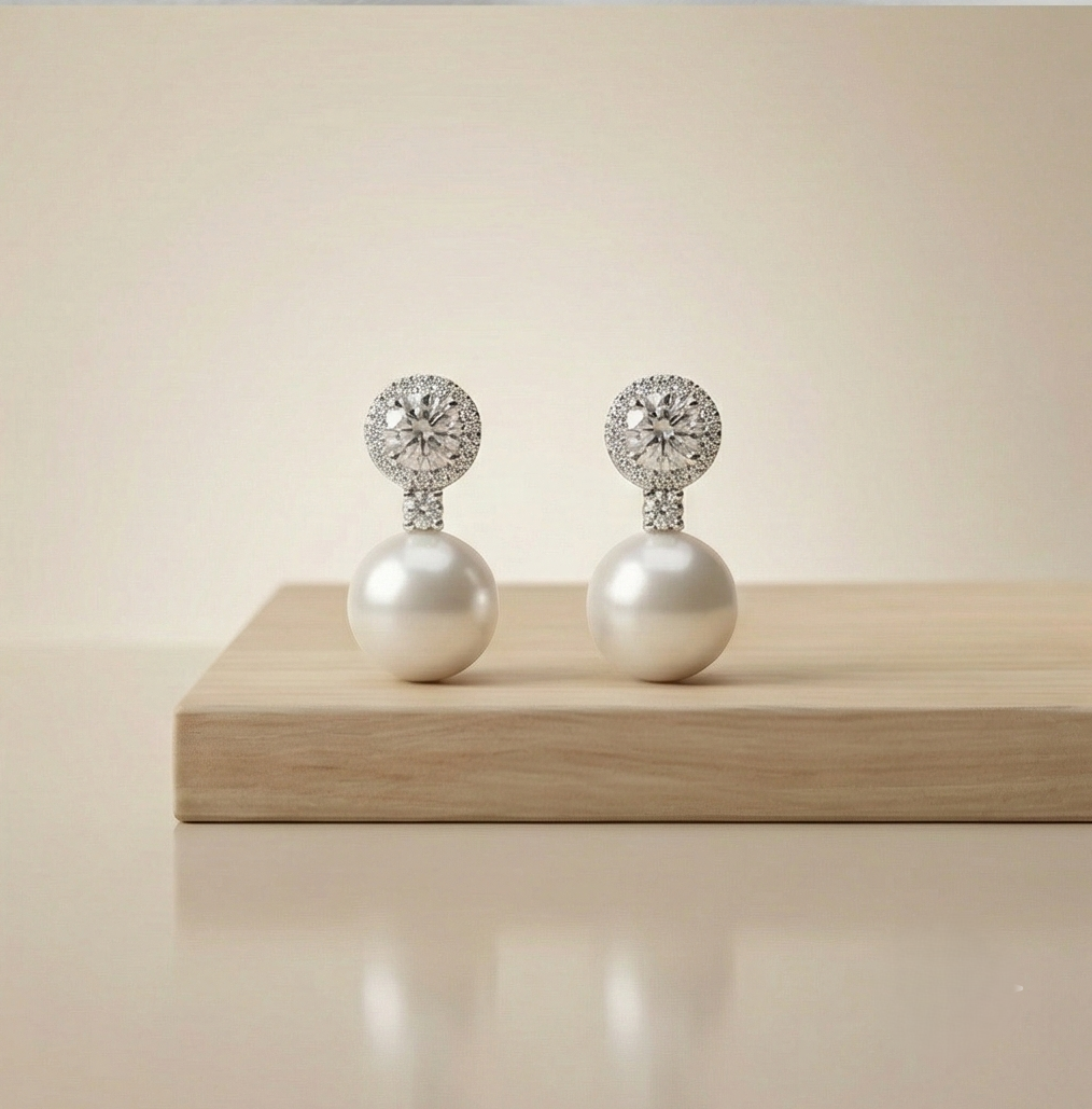 925 Sterling Silver Classic Pearl Drop Earrings with Halo Stud High Polish Rhodium Finish Jewellery
