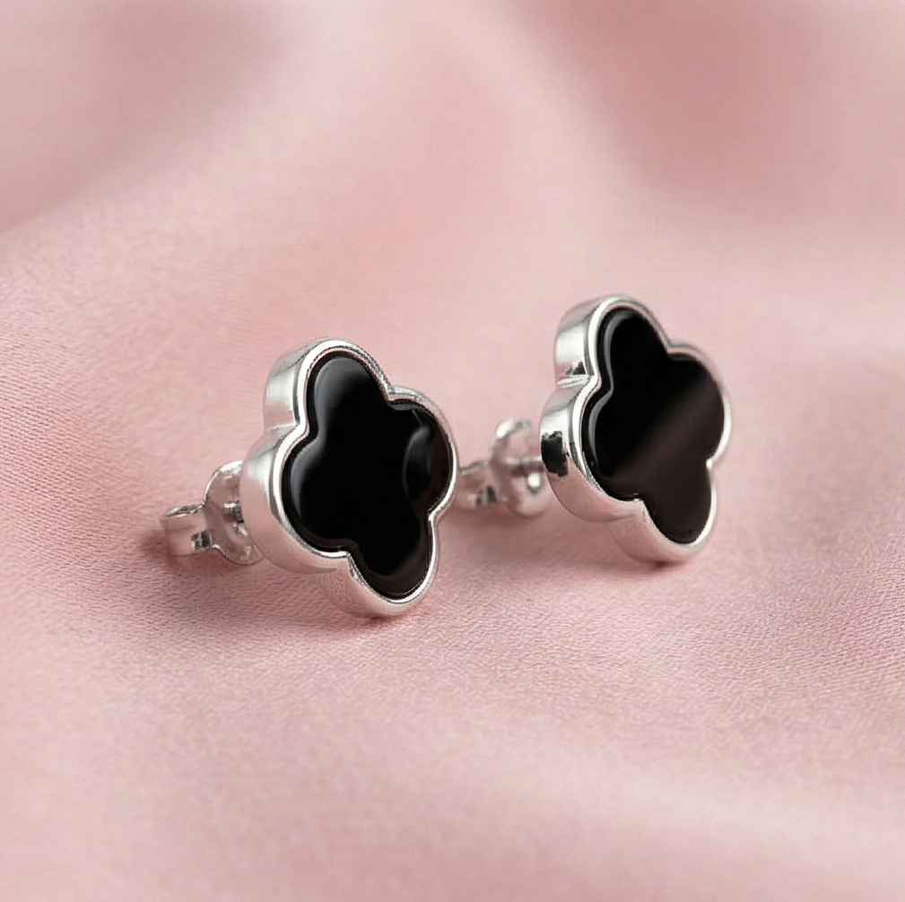 925 Sterling Silver Black Enamel Quatrefoil Clover Stud Earrings Jewellery Minimalist