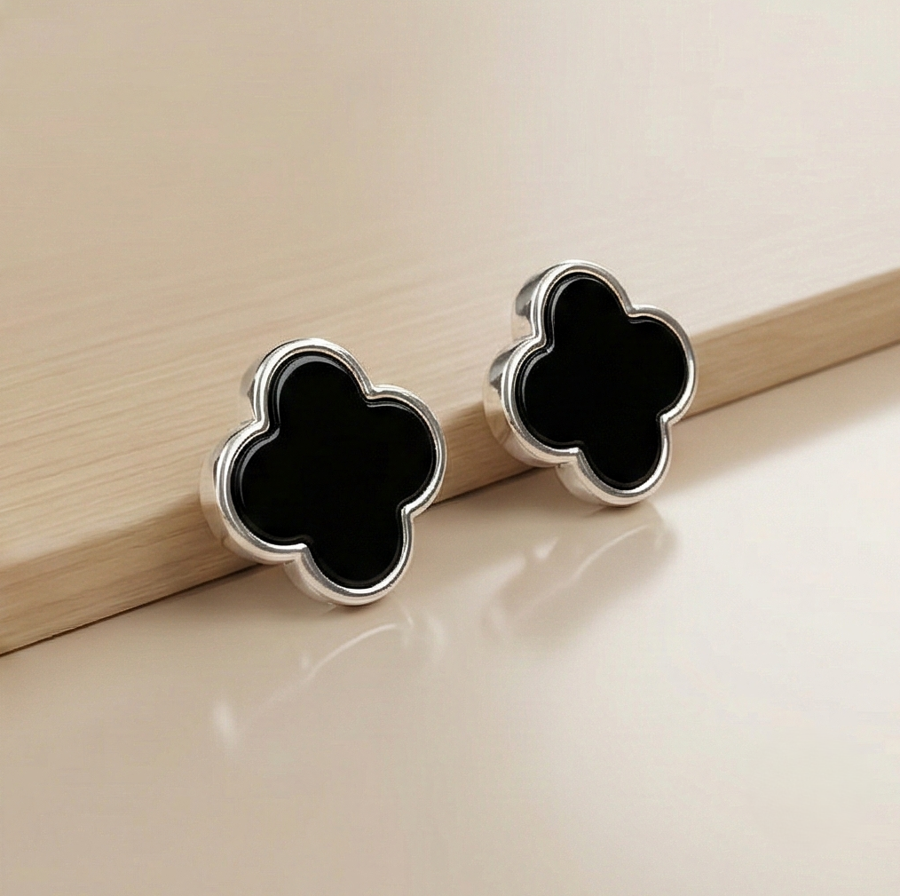 925 Sterling Silver Black Enamel Quatrefoil Clover Stud Earrings Jewellery Minimalist