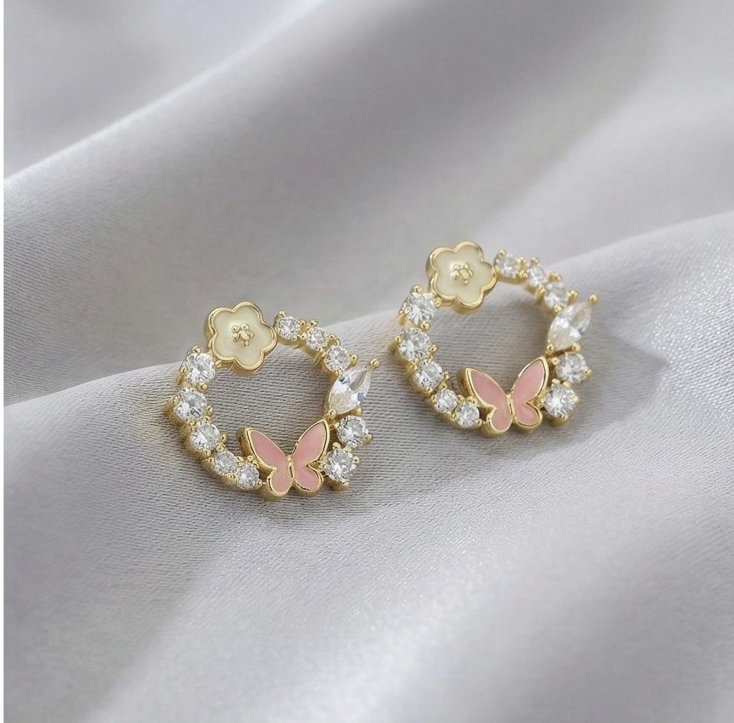 925 Sterling Silver Gold Plated Floral Butterfly Wreath Stud Earrings Jewellery for Women