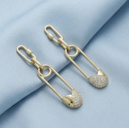 925 Sterling Silver Gold Plated Safety Pin Link Drop Earrings Jewellery Pave Setting