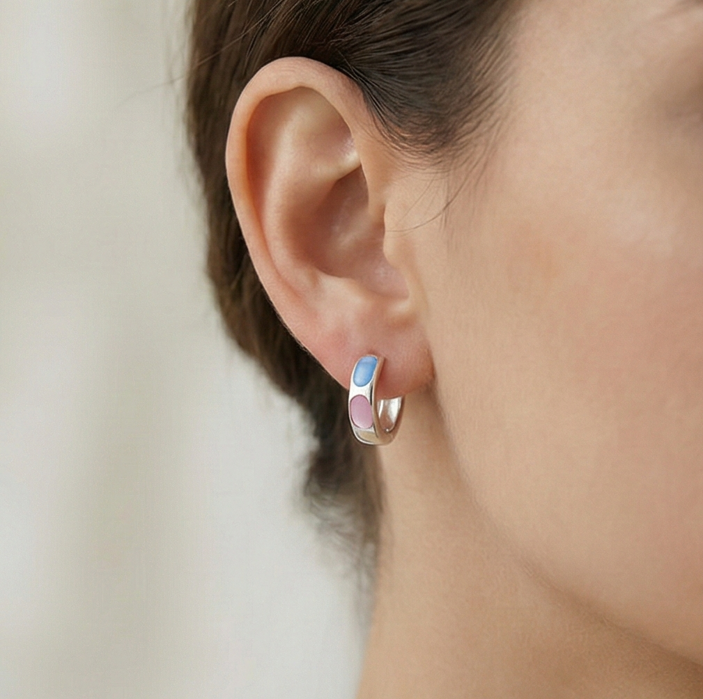 925 Sterling Silver Pastel Pink and Blue Oval Inlay Huggie Hoop Earrings for Women Rhodium Plated Jewellery