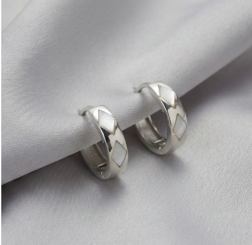 925 Sterling Silver White Pearlescent Geometric Huggie Hoop Earrings for Women Rhodium Plated Jewellery