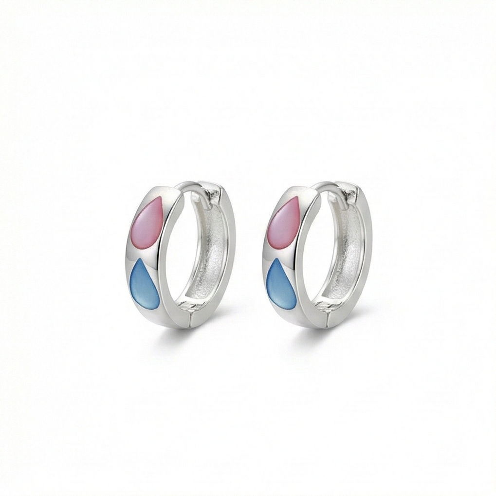 925 Sterling Silver Pink and Blue Teardrop Inlay Huggie Hoop Earrings for Women Rhodium Plated Jewellery