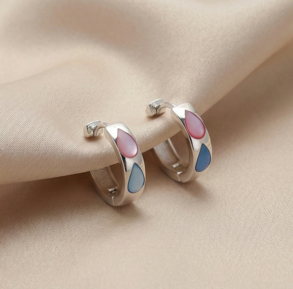 925 Sterling Silver Pink and Blue Teardrop Inlay Huggie Hoop Earrings for Women Rhodium Plated Jewellery