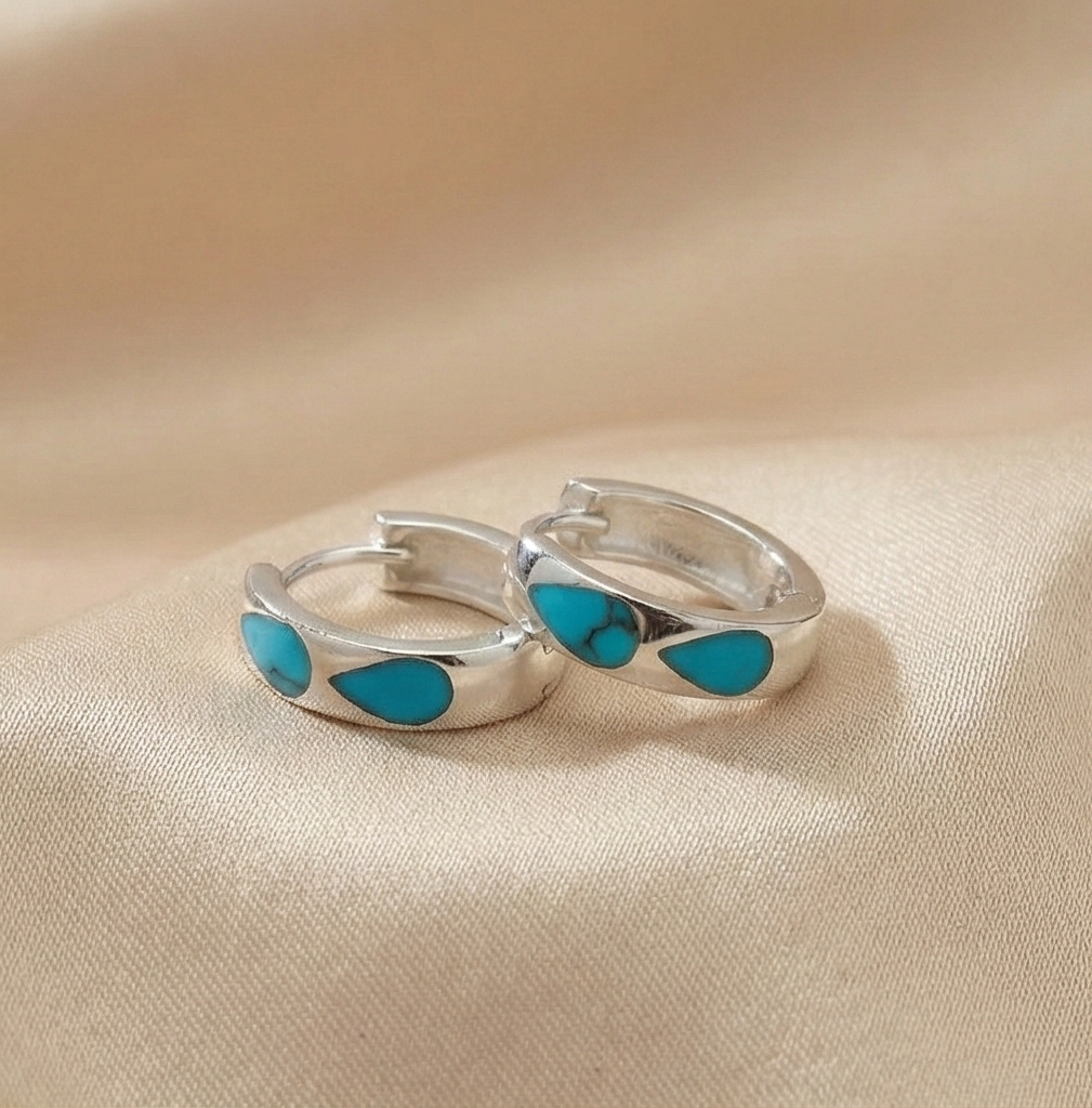 925 Sterling Silver Turquoise Blue Teardrop Inlay Huggie Hoop Earrings for Women Rhodium Plated Jewellery