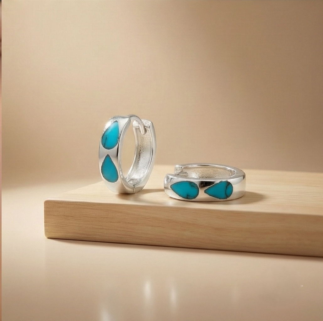 925 Sterling Silver Turquoise Blue Teardrop Inlay Huggie Hoop Earrings for Women Rhodium Plated Jewellery